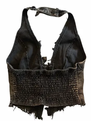 SheIn Frayed Denim Halter Top Buckle Backless Punk Hippie Jean Crop thumbnail 2
