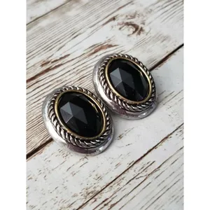 Vintage Clip On Earrings Black Center Oval Fancy Two Tone Halo thumbnail 2