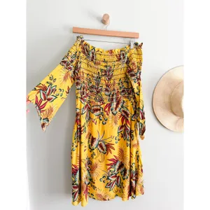 FARM Rio x Anthropologie | Bria Off Shoulder Smocked Dress Tropical Yellow | M thumbnail 3
