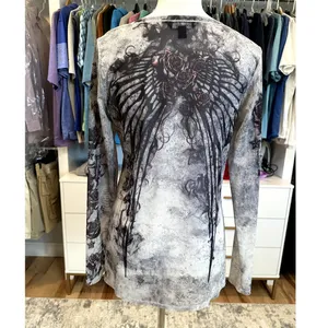 Rock & Republic Women's Fleur De Lis Gray Graphic Long Sleeve Mesh Top M thumbnail 4