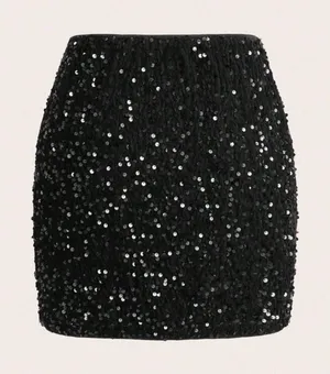 Black Glitter Solid Color Bodycon Skirt For Party Size L thumbnail 1
