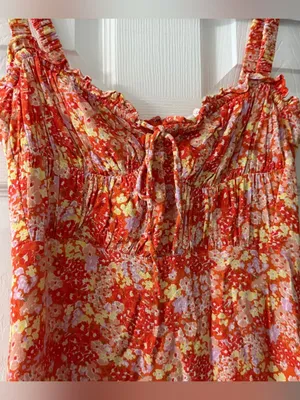ASTR The Label Orange Floral Milkmaid Ruched Midi Dress Size M thumbnail 4