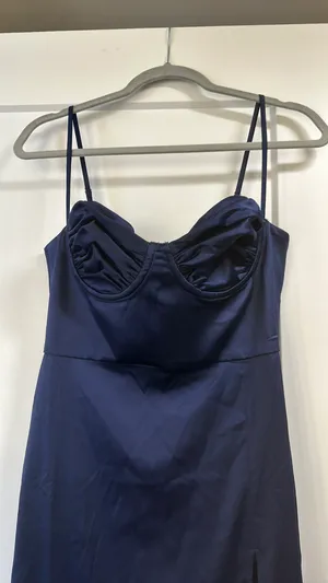 Babyboo Navy Blue Satin Maxi Dress With Front Slit thumbnail 4
