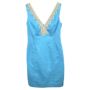 Lilly Pulitzer Size 00 Sheath Dress‎ Sleeveless Textured Gold Trim Blue 797 thumbnail 2