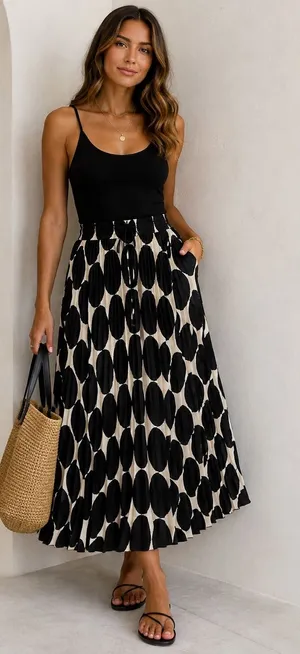 Jodifl Black Cream‎ Polka Dot Pleated Maxi Skirt Coastal Chic Boho S thumbnail 1