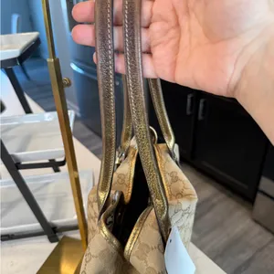 Gucci Beige GG Canvas Shoulder Bag with Gold Metallic Trim thumbnail 10