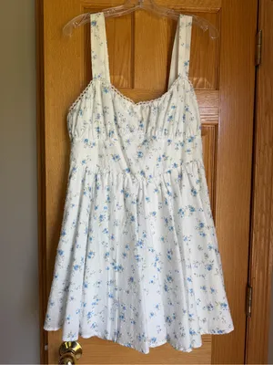 Altar'd State Maya Blue Floral Swiss Dot Open Back Bow Mini Dress NWT XL thumbnail 3