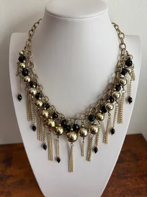 Gold-Tone Black Beaded Fringe Bib Statement Necklace – Chunky Chain thumbnail 1
