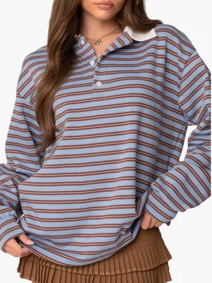 Edikted Stripe Long Sleeve Oversize Polo Fall Oversized Small thumbnail 1