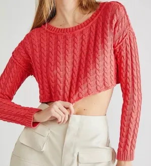 Free People Tuesday Cable Crop Sweater in Red thumbnail 1