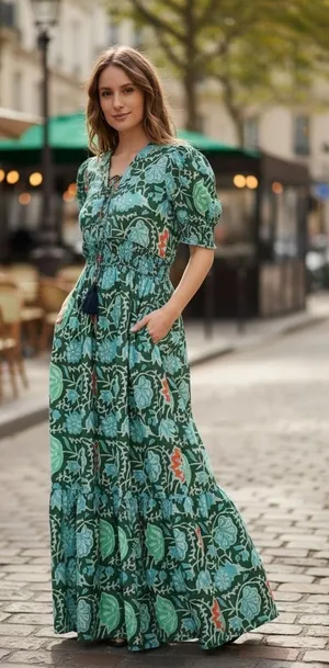Lukap Paris Floral Cotton Maxi Dress Green Blue Smocked Puff Sleeve S/M Boho‎ thumbnail 1
