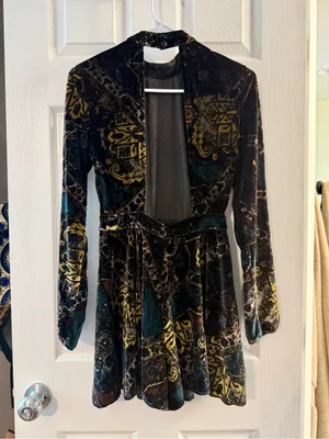 Free People Velvet Long-Sleeve Patterned Mini Short Romper Size 0 thumbnail 2