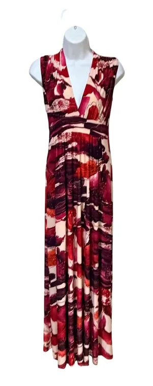 Veronica M Jenny Abstract V-Neck Shirred Shoulder Maxi‎ Dress Pink Orange S NEW thumbnail 1