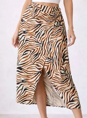 House of Harlow 1960 Zebra-Print Wrap Midi Skirt in Brown, Black, Cream thumbnail 1