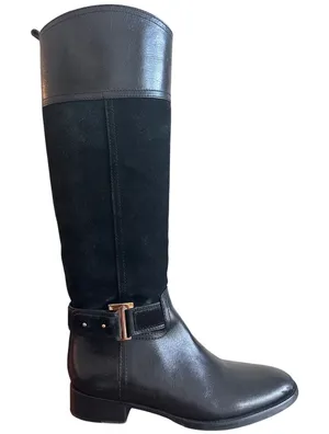 Tory Burch Tenley Riding Boots Black Leather Suede Gold T Logo Sz 8 thumbnail 1
