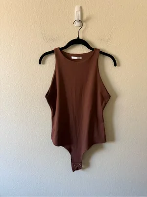 Reoria Sleeveless Racer Back Halter Neck Bodysuit Size L Brown Layer Fall Basic Size L thumbnail 2