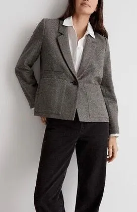 NWT Madewell Wool Crop Dorset Blazer Jacket Geo Herringbone Grey Size Medium thumbnail 1
