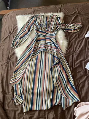 Penelope Asymmetric Stripe Long Sleeve Linen and Silk Shirtdress, featuring a V-neckline thumbnail 8
