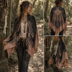 Y2K Vocal Tie Dye Stud Poncho Womens Top Sz Festival Goth Glam Boho Fairy Grunge thumbnail 2