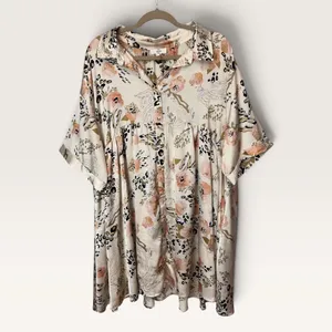 Entro Womens XL Floral Leopard Print Babydoll Shirt Dress Cream D18761P thumbnail 2