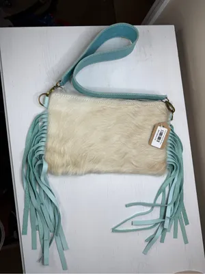 TTT Leathergoods Longhorn Lakota Cowhide Fringe Shoulder Bag Sky Blue thumbnail 5