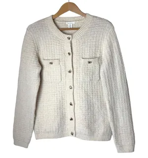H&M Structured Knit Cardigan Women Medium Ivory Gold Button Maternity Sweater thumbnail 1