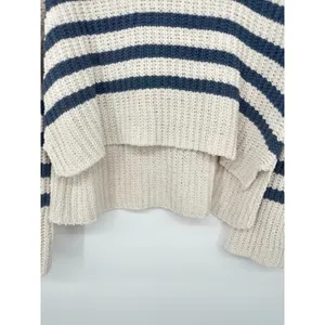 Pink Rose Striped Sweater Womens Medium Cropped‎ Pullover Oversized Ivory Bluec thumbnail 3