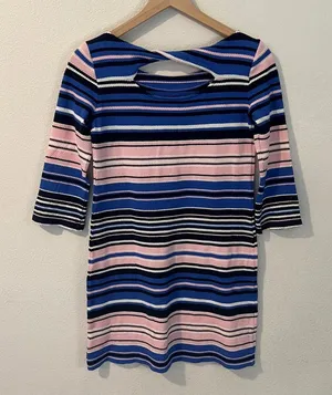 Lilly Pulitzer Bay Dress Striped Blue Pink Textured Stretch Mini Twisted‎ Cutout thumbnail 1