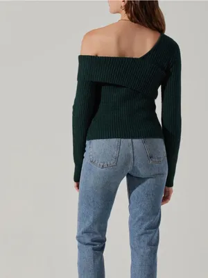 Astr The Label Asymmetrical Foldover One Shoulder Sweater Green Medium $70 thumbnail 4