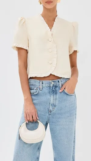 Reformation | Bess 100% Linen Puff Sleeve Ruffle Top in Sugar Cream | Size Med thumbnail 1