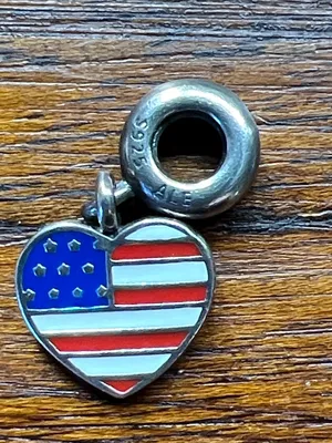 Authentic Pandora Retired USA American Flag Heart Dangle Charm 925 Silver Ring thumbnail 3