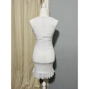 Fairy White Ruched Mesh Ruffle Hem Bodycon Lined Dress Square Neck Sleeveless‎ S thumbnail 5