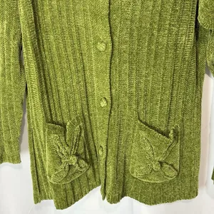 Vintage 90s Small Chenille Sweater Cardigan Peter Pan Collar Pockets‎ Green Cozy thumbnail 3