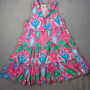 Crown & Ivy Women's Medium Ikat Tiered Ruffle V-Neck Sleeveless Dress Pink Blue thumbnail 1