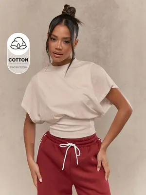 Missguided Batwing T Shirt with Cinched Waist and Dolman Sleeves in Khaki thumbnail 1