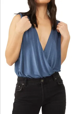Free People Denim Blue Draped Surplice Tank thumbnail 1