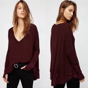 We The Free People Laguna Waffle Knit Top Burgundy Red‎ Long Sleeves Size Medium thumbnail 2