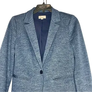 LOFT Blue/ Gray Herringbone Blazer with Navy Elbow Patches Size 6 thumbnail 7