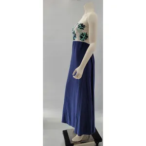 Missy Robertson Strapless Maxi Dress Large Blue Embroidered Floral Boho Summer thumbnail 2