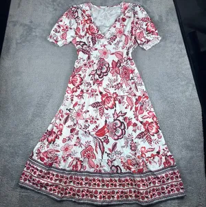 Floral V-Neck Midi Dress With Puff Sleeves & Ruffled Hem Red & White thumbnail 1