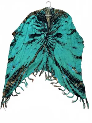 Boho Teal Turquoise Tie Dye Asymmetrical Fringe Kimono Poncho Wrap Cover Up thumbnail 1