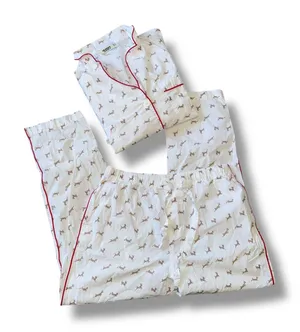 Sleepy Jones Women's Pajama‎ Set Size S Deer Print White Red Trim Sleepwear thumbnail 1