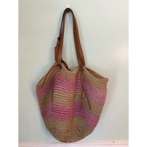 Lauren Ralph Lauren Striped‎ Straw Leather strap Drawstring Bucket Bag thumbnail 2