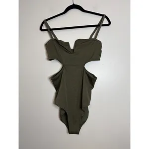 Aerie Real Good‎ Olive Green Textured V-Wire Cut-Out One Piece Swimsuit Large thumbnail 2
