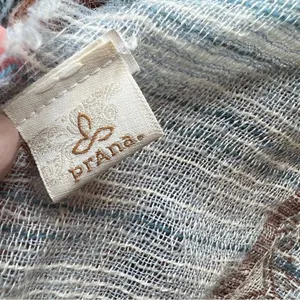 PRANA Mae Scarf Wrap Fringed Striped Tan Blue Cream Multicolored 100% Wool thumbnail 9