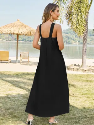 Kikibell Black Halter Maxi Dress Plisse Crinkle Flowy Summer Vacation Medium thumbnail 3