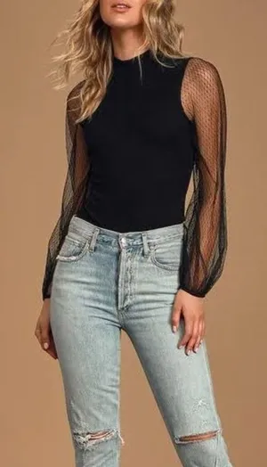 Lulu's Try To Keep Up Black Balloon Mesh Sleeve Mock Neck Top Medium thumbnail 1