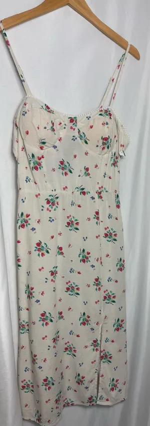 Floral Cream summer garden party linen blend Spaghetti Strap Midi Dress M NWT thumbnail 1