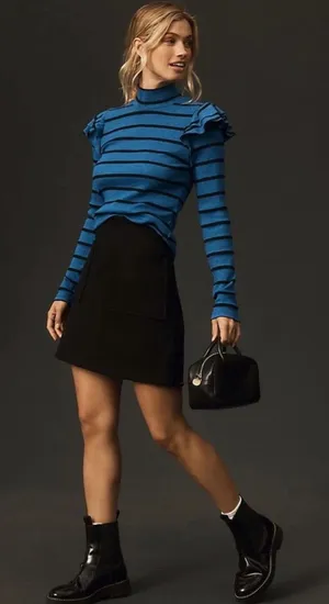 NWT Anthropologie T. La Ruffled turtleneck Top blue black minimalist fall chic M thumbnail 1