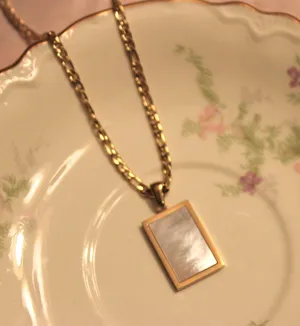 18k gold plated figaro chain with mother of pearl rectangle pendant thumbnail 2